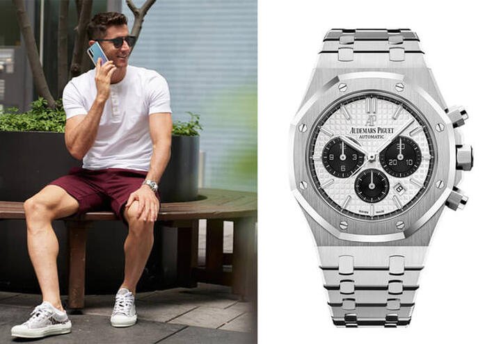 Robert Lewandowski佩戴AUDEMARS PIGUET皇家橡树计时码表（不锈钢表壳、熊猫面）