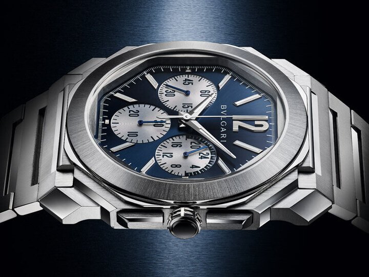 Octo Finissimo S Chronograph GMT同样为了提升防水性而略增表壳厚度，宝格丽并帮手表换成不锈钢表壳与蓝色面盘