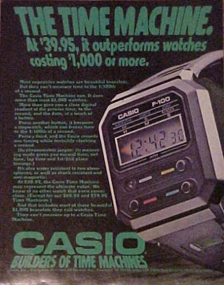 卡西欧于1970年代推出的经典电子表F-100，图为当年手表的宣传海报。Source：g-central