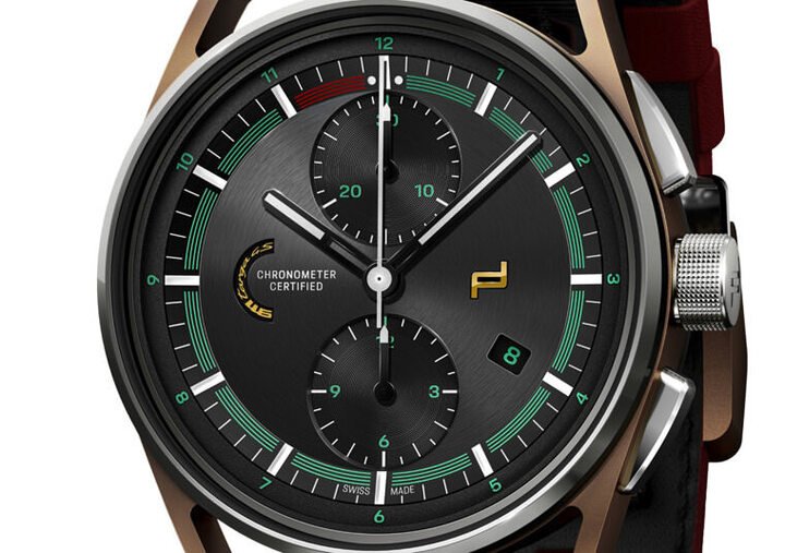 表款面盘布局参考911 Targa 4S Heritage Design Edition的转速表，在刻度、小秒转盘乃至配色上都能看出呼应车款的元素