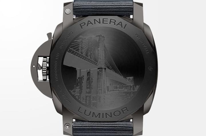 Luminor BiTempo纽约版的背面刻有布鲁克林大桥图案，展现出Casa PANERAI旗舰专卖店独卖的特殊身份。