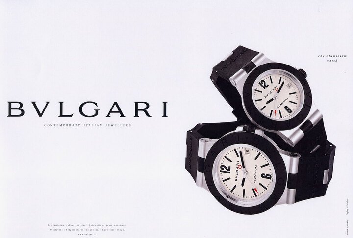 BVLGARI Aluminium初代广告，共三种尺寸并有自动和石英机芯供选择，防水30米
