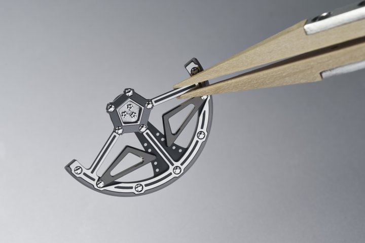 RICHARD MILLE 的可变几何结构摆陀设计（Variable-Geometry Rotor），可根据佩戴者的运动和生活习惯进行调整，高效地调节主发条的上链效率。透过调节翼片的 5 档位置设定来改变摆陀的惯性。因此，若佩戴者手臂及手腕摆动次数较少，则可加快机芯上链速度；如佩戴者经常进行剧烈运动，便可调整放慢上链速度。此项发明可使佩戴者根据其生活方式特点对机芯上链机制 进行优化和个人化设定。