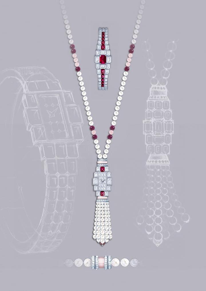 手表可于钻石手链与长项链间自由转换，并以吊坠补位，无需工具衍生出四种佩戴模式。