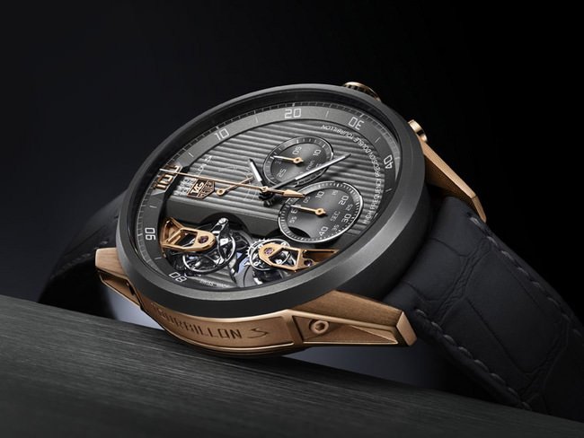  TAG HEUER Mikrotourbillons， 搭载的是世界上最快的陀飞轮，同时也是首个应用于1／100秒计时码表上、可自行启动和停止的的陀飞轮，挑战计时精度和制表工艺的极限