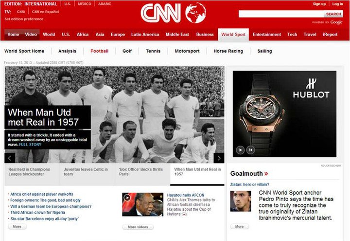 CNN足球新闻页面的宇舶广告截图