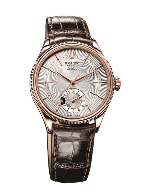  Cellini Dual Time 备有装配缝线饰边鳄鱼皮表带低调奢华的形象，展现出劳力士的品牌精神