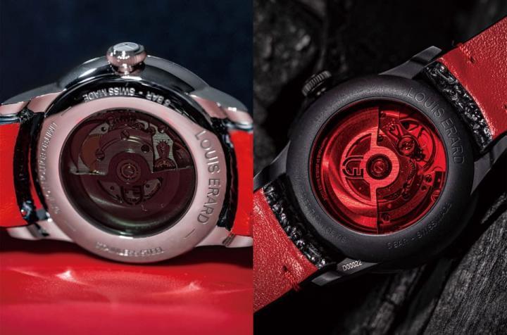 黑色PVD款的表背采用奔放的红色半透明镜面，与红色兔皮衬里呼应。不锈钢款的表背则是黑色半透明底盖。