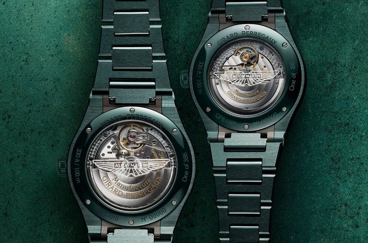 两种尺寸的Laureato ASTON MARTIN联名表透明底盖都印有车厂Logo，强化其跨界合作的血统。
