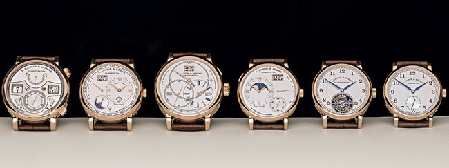 全新朗格腕表系列（左起，全部表款以18K玫瑰金打造）Lange Zeitwerk Striking Time、Lange 1 Tourbillon Perpetual Calendar、Richard Lange Perpetual Calendar、Grand Lange 1 Moon Phase、1815 Tourbillon