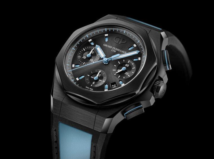 为了响应Only Watch慈善拍卖会，芝柏表特别以旗下的Laureato桂冠系列Absolute计时表为基础打造特别版，表款采用水蓝色细节点缀，呼应2019年Only Watch的主题颜色