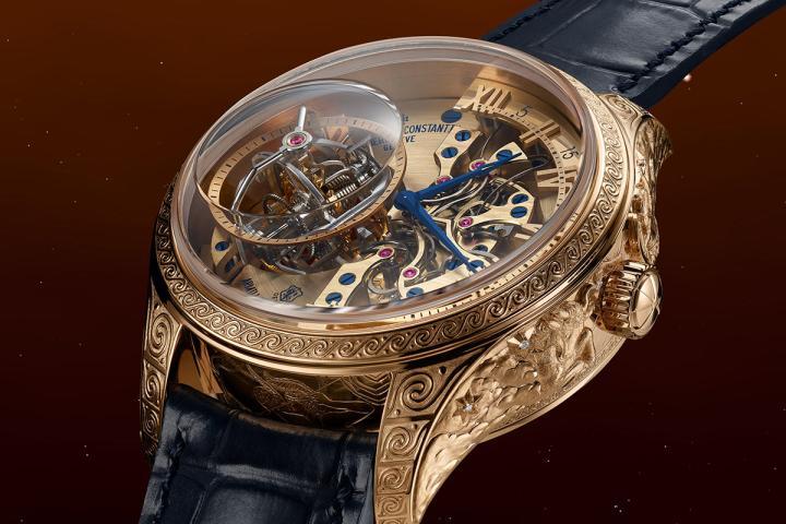 Les Cabinotiers 浑天仪式陀飞轮腕表 Myth of the Pleiades 搭载极具立体建筑感的 1990 机芯，汇集四项专利技术，配备双轴浑天仪式陀飞轮和逆跳时分显示机制。