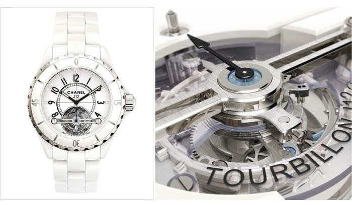 J12 TOURBILLON。陀飞轮腕表限量编号12只。18k白金搭配白色高科技*精密陶瓷。CHANEL 05-T2 手动上链陀飞轮机芯，白色高科技精密陶瓷底版（香奈儿独家设计）。动力存储100小时。震频21,600次／小时。10½ 线口径。机芯厚度5.3毫米。表壳安装尺寸：28.50毫米。17颗蓝宝石。共171个零件。旋入式表冠，防水至50米。18k白金三重折叠式表扣。直径38毫米。 *高科技材料，高强度不易磨损。