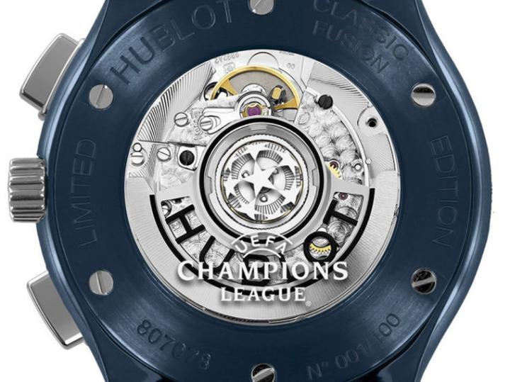 透明底盖除了可以一窥HUB1143机芯的面目，底盖上也同样刻印了欧冠盃的标志，另外底盖边缘也加上了限量编号，突显纪念价值