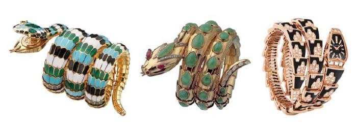 由左至右：Serpenti多彩珐琅黄金手镯腕表，鳞片装饰有白色、黑色、绿色和绿松石色珐琅，梨形祖母绿眼睛，蛇首下隐藏精致圆形表盘，创作时间约为1965年 – Serpenti翡翠、红宝石、钻石、黄金蛇形手镯，创作时间约为1968年 - Serpenti玫瑰金双圈珠宝手镯腕表，镶嵌385颗明亮式切割钻石（4,12克拉），黑色蓝宝石表盘镶嵌33颗钻石。