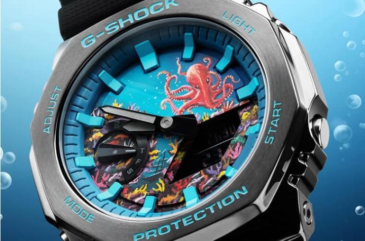手表的表圈与时标都涂上水蓝色调，面盘画面则是以海底世界的珊瑚礁生态为主题，右上角点缀一只大章鱼尤其吸睛。Source：IFL Watches
