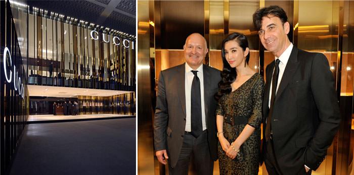 Gucci首席执行官Patrizio di Marco和Gucci Timepieces & Jewelry首席执行官Michele Sofisti与李冰冰在一起