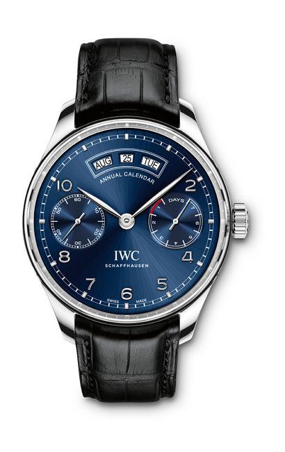 全新IWC葡萄牙系列年历腕表（IW503502），精钢表壳 / 深蓝色表盘 / 黑色鳄鱼皮表带 / 精钢折叠表扣