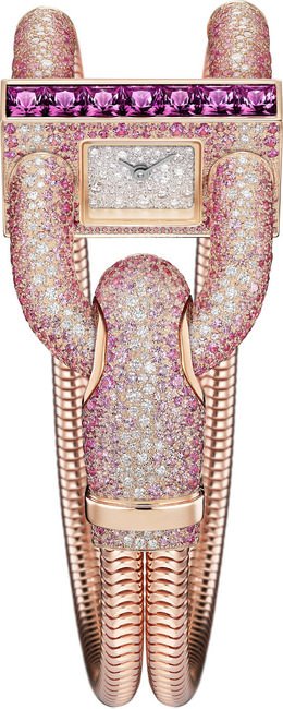 Cadenas Pavée Saphirs Roses Bracelet 金质表链配全铺镶粉红刚玉腕表，玫瑰金、钻石、粉红刚玉搭载石英机芯，瑰丽夺目