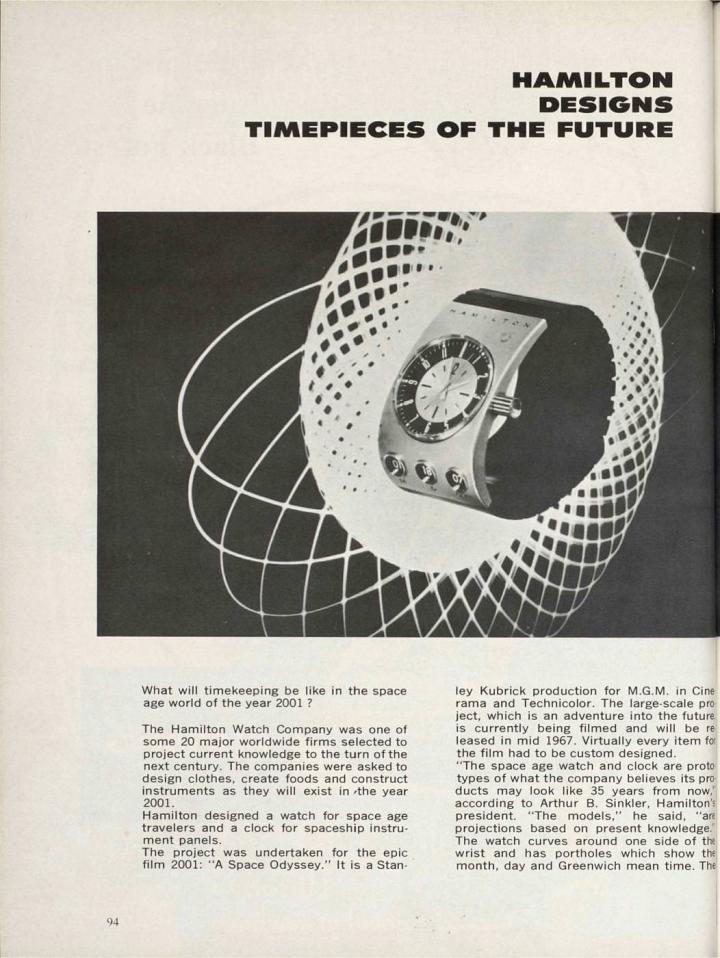 在具有标志意义电影《太空漫游2001》上映之前的几个月，Europa Star杂志便在其关于汉密尔顿的报道中提及：“汉密尔顿为空间旅行者设计了一枚腕表，为太空仪器显示盘设计了一个钟”（Europa Star，45期，1967年）