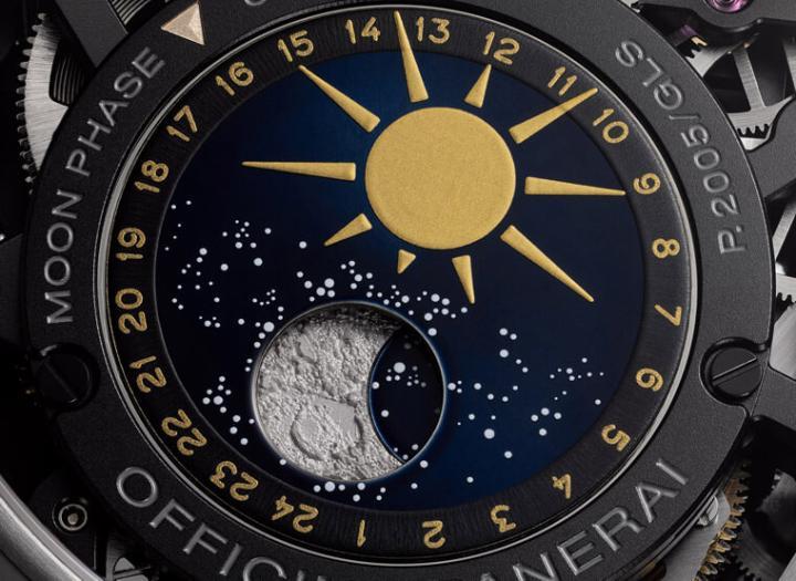 机芯背面拥有手表的主要亮点——月相显示，它拥有相对大型的体积，并且融合24小时与日夜显示，另外月亮图案还具有拟真纹理，在满月时分望向表背令人感到特别兴奋
