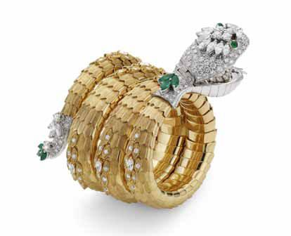 黄金、铂金、钻石和祖母绿Serpenti手镯腕表，Bulgari宝格丽Heritage Collection复古系列，创作时间约为1967年。