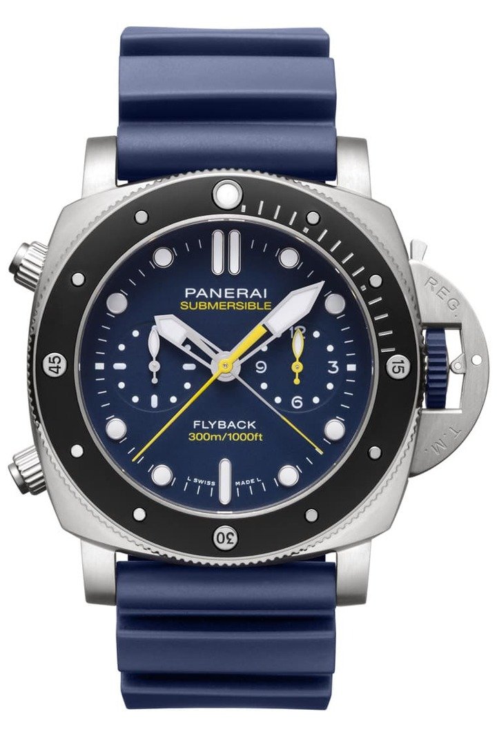 Submersible Chrono Flyback Mike Horn版专业潜水表PAM01291 采用钛金属表壳搭配陶瓷表圈，面盘配色让人想起沛纳海2016年替Mike Horn创制的PAM00719