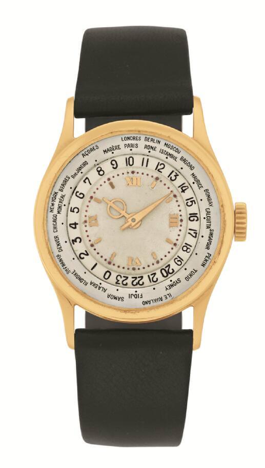 Reference 1415/1 HU黄金版，产于1937年。Patek Philippe首枚世界时腕表，旋转表盘用于显示小时和昼夜，表盘上刻有城市名字