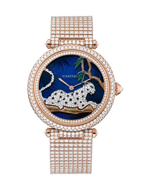 Panthère au Clair de Lune de Cartier腕表镶嵌395颗明亮式切割圆钻搭载9603 MC型工作坊精制自动上链机械机芯，反置猎豹装饰摆陀，限量发售，并带独立编号