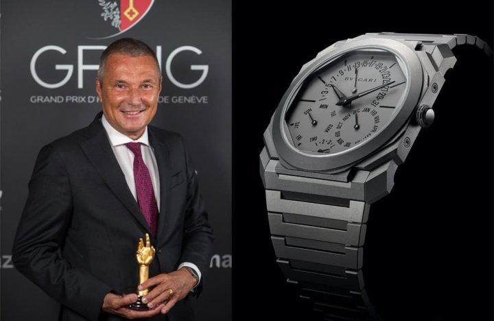 宝格丽2021年凭藉Octo Finissimo超薄万年历，一举摘下大会最大奖Aiguille d'Or” Grand Prix金指针奖肯