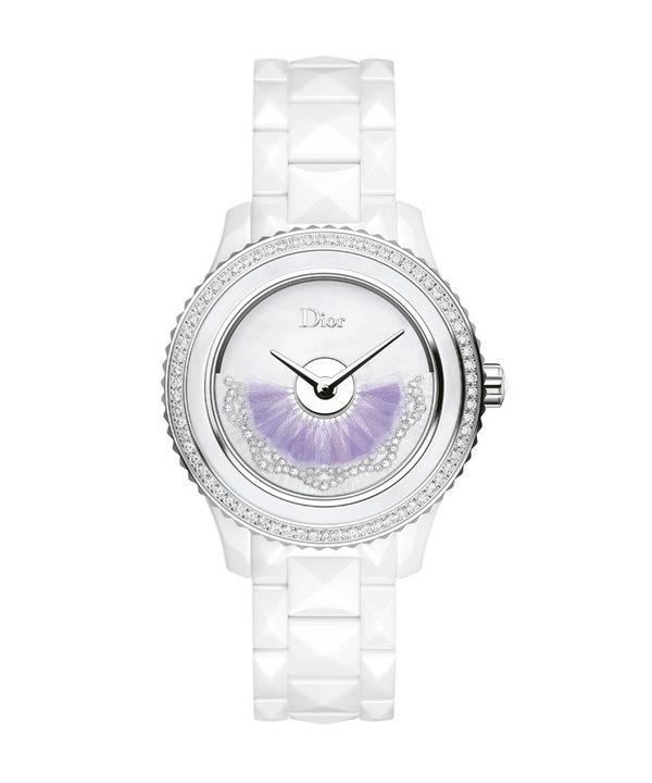 Dior VIII Grand Bal Plume et Nacre 腕表，白K金自动盘镶嵌双层紫罗兰羽毛与钻石