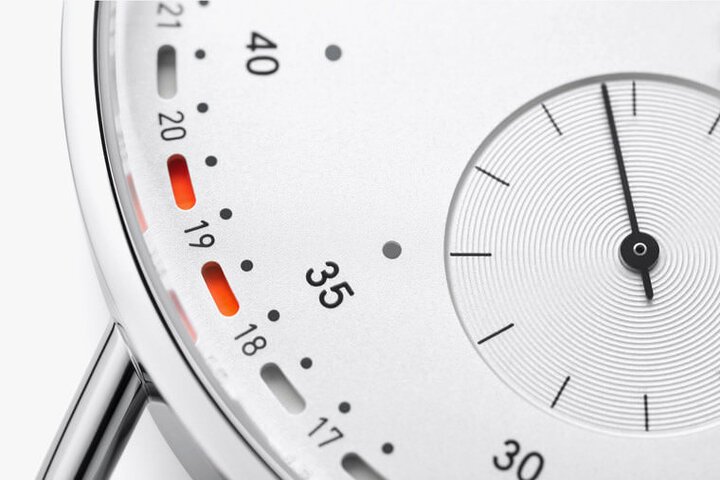 Metro neomatik 41 Update的日期圈色块改以橘色呈现，在白色面盘衬托下清晰易读