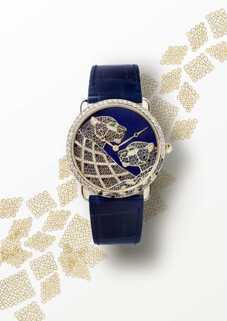 Ronde Louis Cartier Filigrane金银丝细工美洲豹装饰腕表大型款，搭载卡地亚430MC型手动上链机械机芯，编号并限量发售20枚