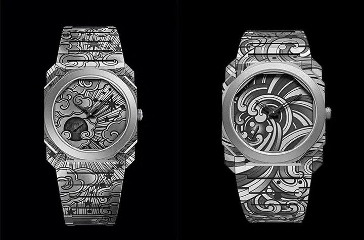 宝格丽2021年与2022年先后推出的Octo Finissimo Tattoo Aria（左）和Octo Finissimo Tattoo Acqua（右），两者皆为钛金属材质。