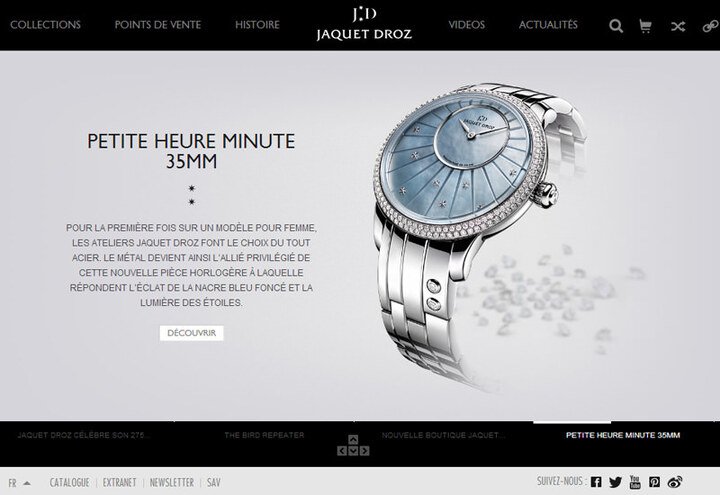 雅克·德罗Jaquet Droz新网网站截图，网站将提供视频、新闻与品牌历史
