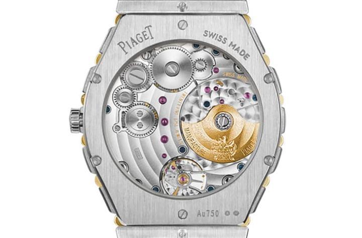 搭载 1200P1 自动机芯，厚度仅 2.35mm，配 18K 黄金微型自动盘，展现伯爵招牌超薄工艺。