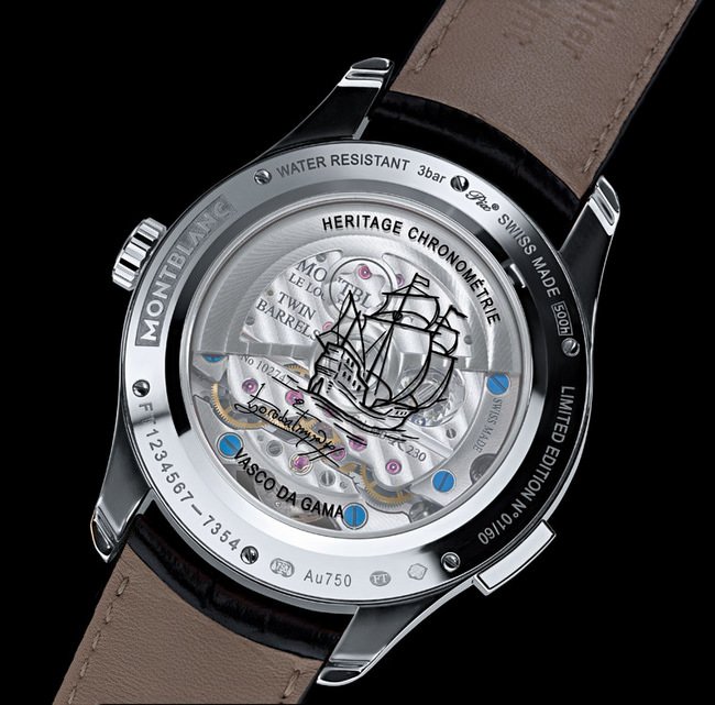 万宝龙传承Chronométrie系列外置陀飞轮瓦斯科．达．伽马计时码表限量版配有44毫米白金表壳，搭載万宝龙自制机芯MB R230