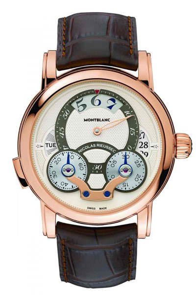 Nicolas Rieussec Rising Hours采用镂空阿拉伯小时数字与双色底盘，可显示当下小时属于白天抑或夜晚