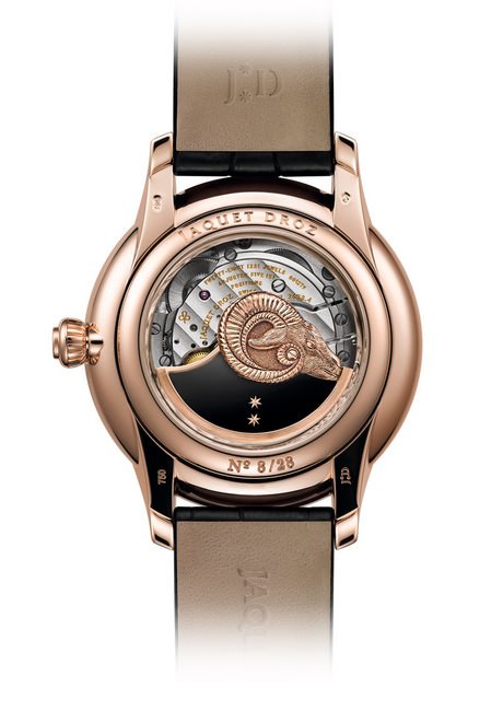 LES ATELIERS D'ART系列 浮雕山羊时分小针盘腕表PETITE HEURE MINUTE RELIEF GOATS， 搭載JAQUET DROZ 2653自动上链机械机芯，双发条盒， 底盖镌刻独立编号