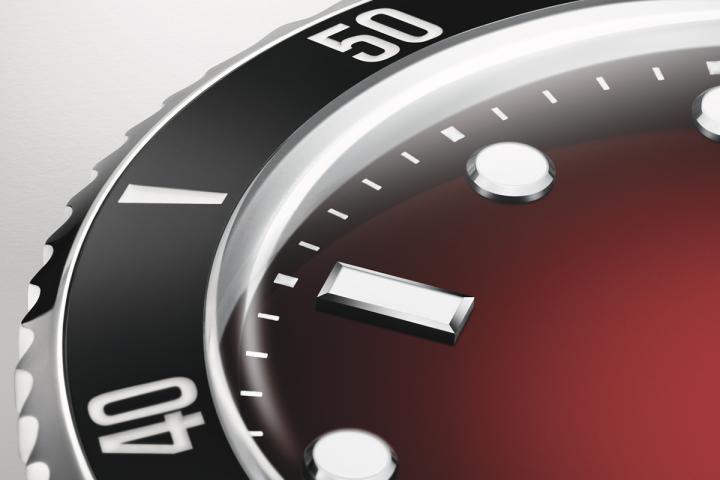 Oris x RedBar Divers 限量腕表 II，红色渐层设计表盘呼应 RedBar 的象征色调，展现热情与凝聚力。