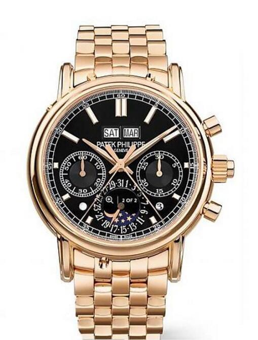 PP全新万年历双追针计时表5204/1R，以玫瑰金材质打造，搭配金质链带，更显刚劲有风