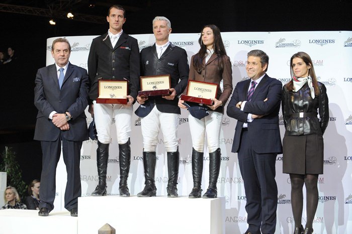 Longines浪琴表法国区总经理Alain Henry，Longines'浪琴表副总裁兼国际市场主管Juan Carlos Capelli ， 和大满贯赛事代表 Fernanda Ameeuw,，与登上Longines Speed Challenge浪琴速度挑战赛领奖台的骑手： Gregory Wathelet （比利时），第二名； Roger Yves Bost （法国），冠军； Reed Kessler（美国）， 第三名