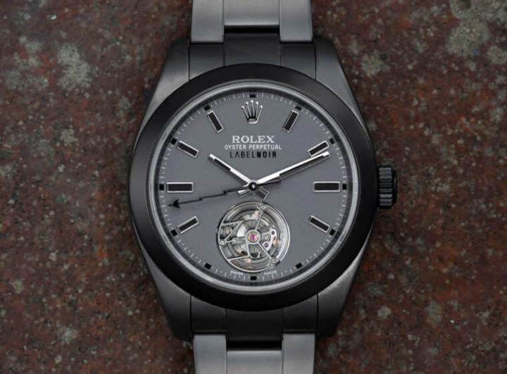 LABEL NOIR把劳力士的经典抗磁表Milgauss改成陀飞轮版本，同时手表外观也换上一袭酷炫的黑色造型