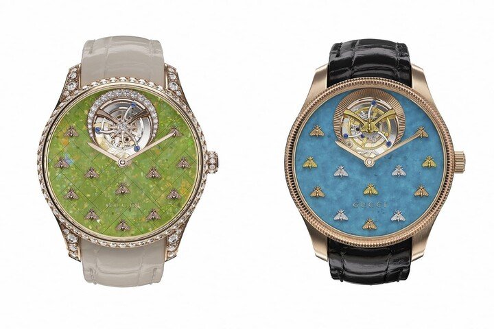 G-Timeless Dancing Bees 18K玫瑰金镶钻陀飞轮-开心果绿蛋白石面盘（左）。G-Timeless Dancing Bees 18K玫瑰金陀飞轮-蓝色绿松石面盘（右）。