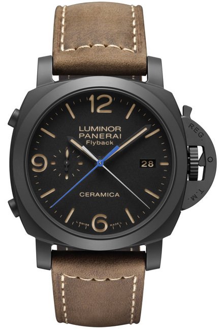 Luminor 1950 3 Days Chrono Flyback Automatic Ceramica 3日动力储存飞返计时自动陶瓷腕表 (PAM00580) 配备原色皮革及橡胶备用表带。表扣以钛金属制成， 轻巧、坚固、防过敏，并涂上特殊的黑色涂层，腕表整体 的黑色色调更为协调，更可利用随附的螺丝起子轻易替换