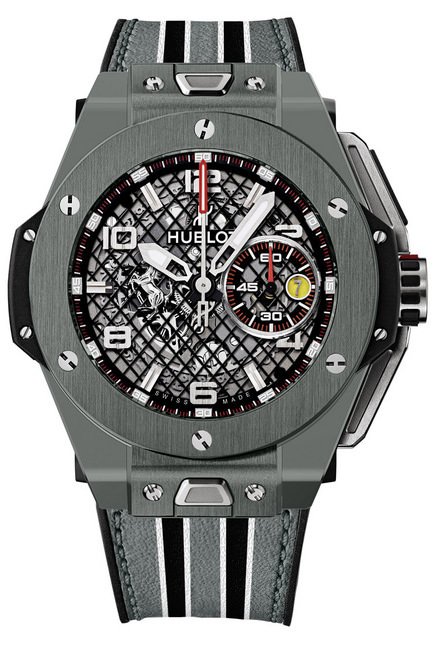  全新Big Bang Ferrari腕表搭载由HUBLOT自家研发及生产的自动上链导柱轮飞返计时 UNICO HUB1241机芯，灰色陶瓷款带编号，限量250枚