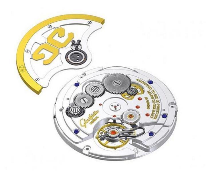 Cal. 36从Cal. 100的双发条盒改为单发条盒，利用加大发条盒直径、缩小发条轴心的方式来增加盒内空间