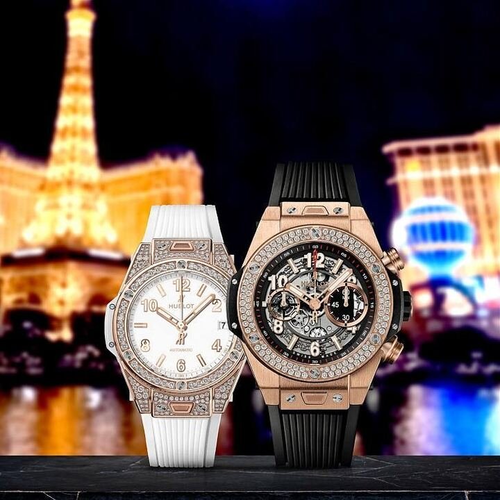 Big Bang Unico 系列皇金钻圈腕表（右）& Big Bang One Click皇金满钻腕表（左）