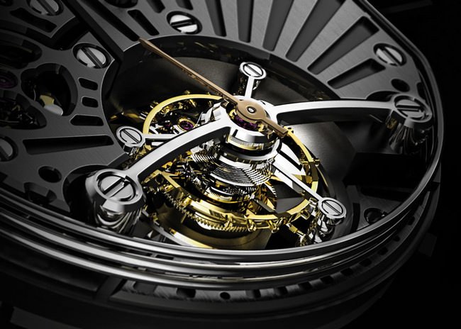 BVLGARI Carillon Tourbillon钟乐报时陀飞轮腕表搭载由327个零件组成的自制手动上链DR3300机械机芯，并巧妙地装置在大型陀飞轮框架周边