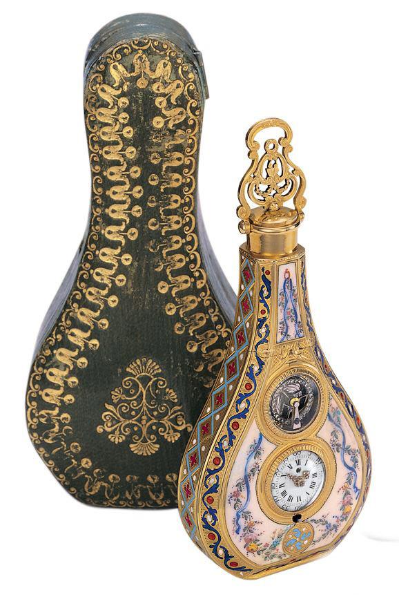 爱情与忠诚——1790年专为中国市场制造的「音乐香水瓶」，黄金材质，画珐琅，透视擒纵系统